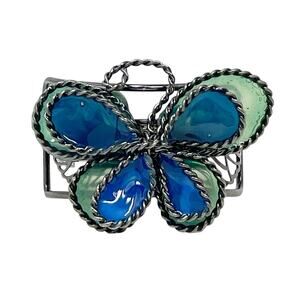 Vintage Butterfly French Clip Barrette Green Blue Acrylic Wrapped in Pewter Wire